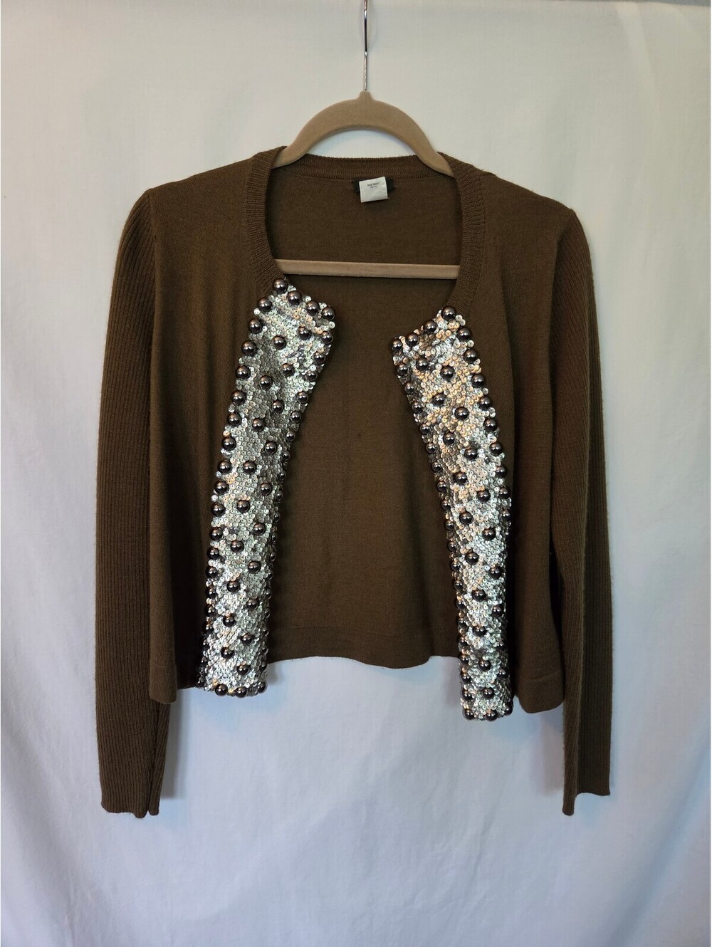 J.Crew Brown 100% Merino Wool Cardigan with Sequin and Bead Embellishment Size L